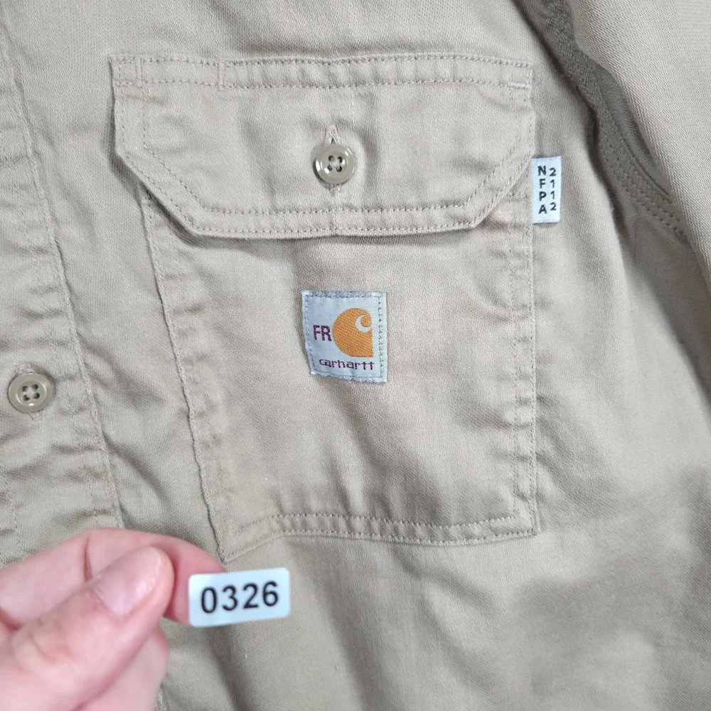 Carhartt FR Shirt Mens Large Khaki Tan Flame Resistant Work Long Sleeve FRS003